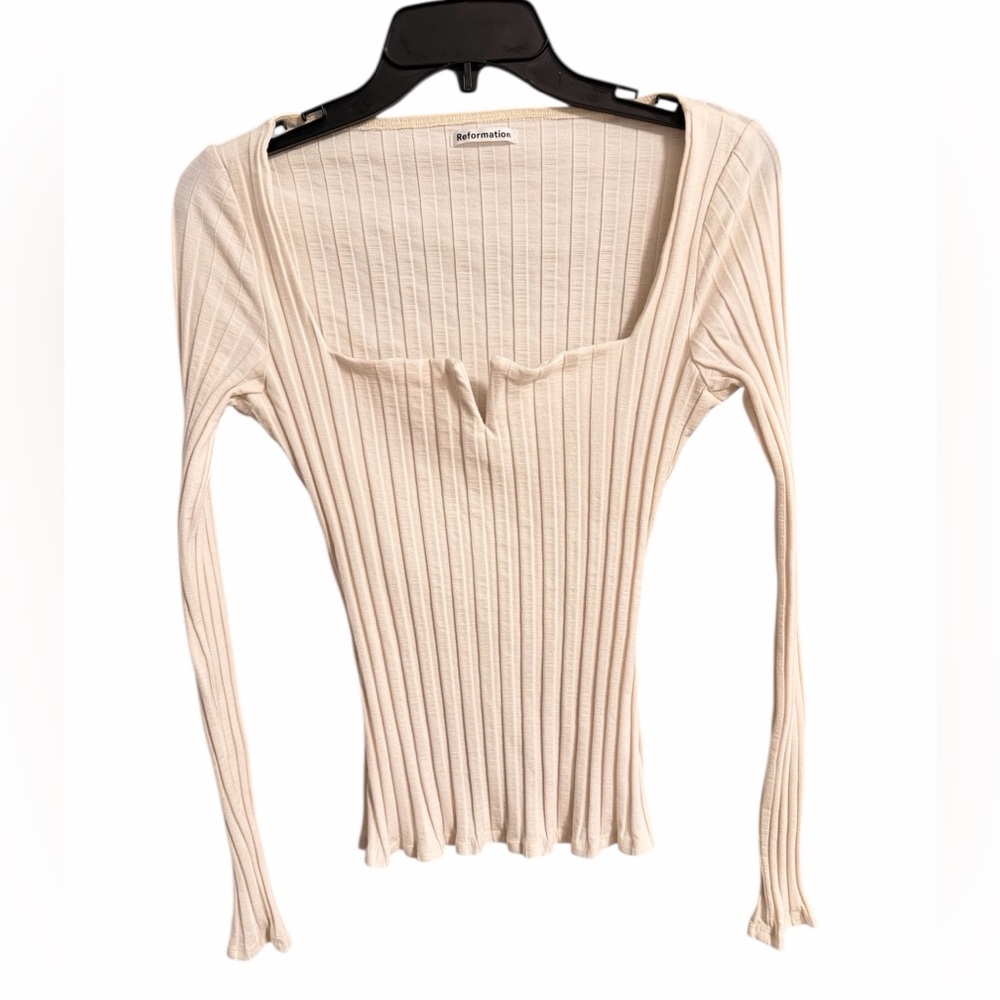 Reformation Cream square neck Ribbed Women Long Sleeve Top